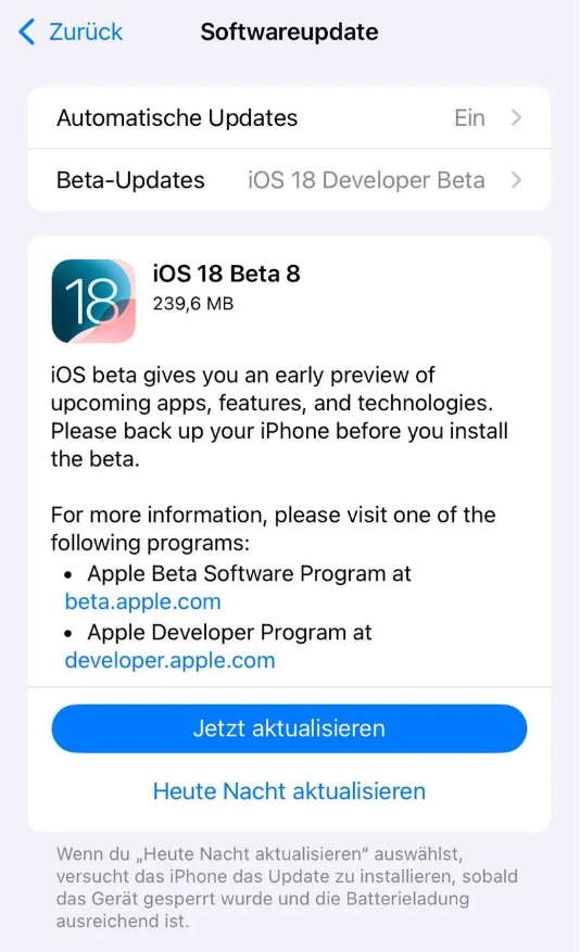 遂平苹果手机维修分享苹果 iOS / iPadOS 18 开发者预览版 Beta 8 发布 